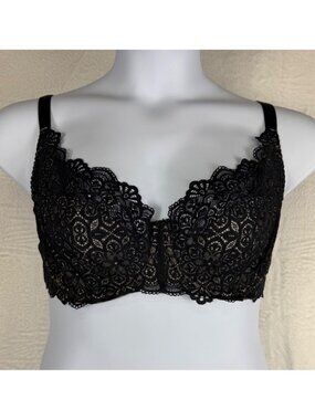 Bravissimo Bra size 34H black lace underwire tan lining back closure